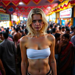 A sad blonde woman in a strapless bikini standing alone at a vibrant Indian village mela