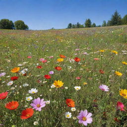 A serene meadow abundant with varieties of big, beautiful flowers, blooming vibrantly under a clear sky.