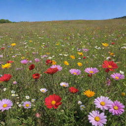 A serene meadow abundant with varieties of big, beautiful flowers, blooming vibrantly under a clear sky.