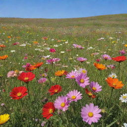 A serene meadow abundant with varieties of big, beautiful flowers, blooming vibrantly under a clear sky.