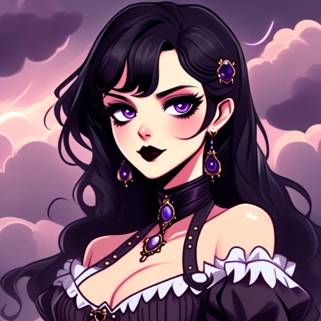 Cartoon profile picture of a gothic young woman with black hair, violet eyes, and dark plum lips wearing Victorian-era clothing against a stormy sky background.