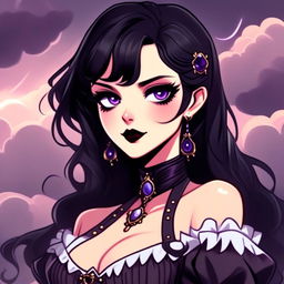 Cartoon profile picture of a gothic young woman with black hair, violet eyes, and dark plum lips wearing Victorian-era clothing against a stormy sky background.