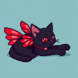 A pixel art image of a black cat comfortably laying down