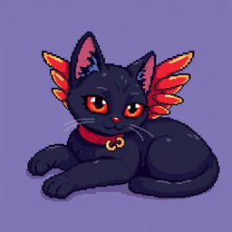 A pixel art image of a black cat comfortably laying down