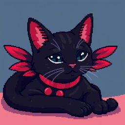 A pixel art image of a black cat comfortably laying down