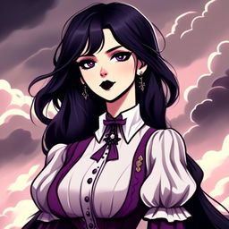 Cartoon profile picture of a gothic young woman with black hair, violet eyes, and dark plum lips wearing Victorian-era clothing against a stormy sky background.