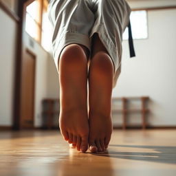 A close-up perspective of a woman in a traditional karate gi, focusing on her bare feet as she stands in a dynamic martial arts pose