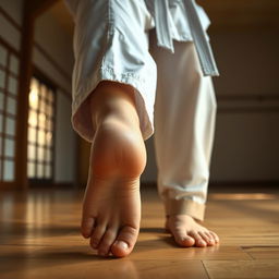 A close-up perspective of a woman in a traditional karate gi, focusing on her bare feet as she stands in a dynamic martial arts pose