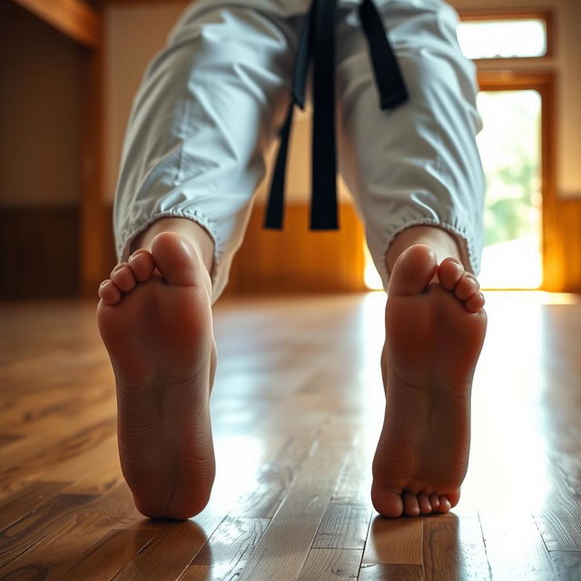 A close-up perspective of a woman in a traditional karate gi, focusing on her bare feet as she stands in a dynamic martial arts pose