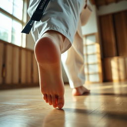 A close-up perspective of a woman in a traditional karate gi, focusing on her bare feet as she stands in a dynamic martial arts pose