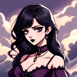 Cartoon profile picture of a gothic young woman with black hair, violet eyes, and dark plum lips wearing Victorian-era clothing against a stormy sky background.