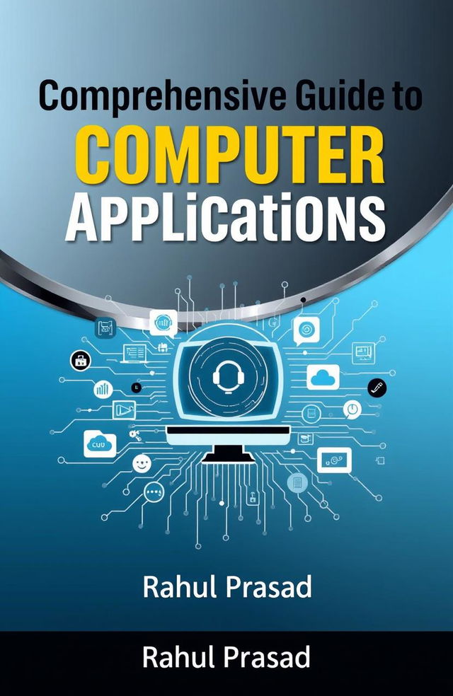 A comprehensive and visually engaging book cover design for "Comprehensive Guide to Computer Applications" by Rahul Prasad