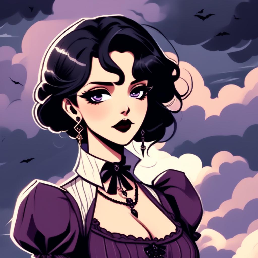 Cartoon profile picture of a gothic young woman with black hair, violet eyes, and dark plum lips wearing Victorian-era clothing against a stormy sky background.