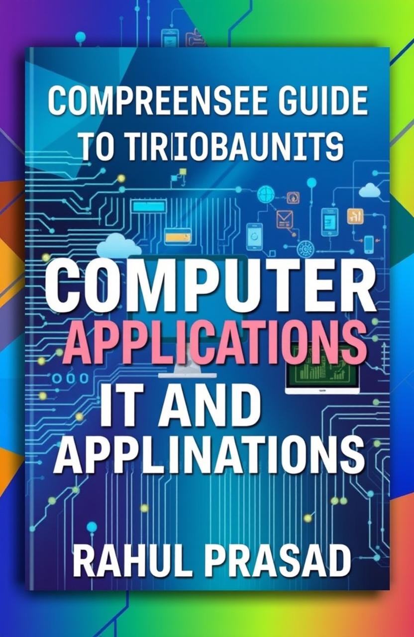 A colorful, engaging book cover design for a comprehensive guide to computer applications in IT and technology, authored by Rahul Prasad