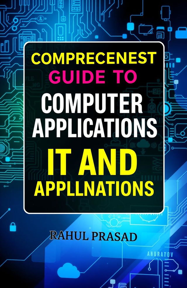 A colorful, engaging book cover design for a comprehensive guide to computer applications in IT and technology, authored by Rahul Prasad