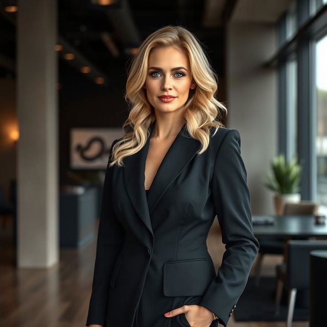 A stunning 40-year-old blonde woman with radiant features, dressed in a chic, tailored black suit that highlights her elegance and poise