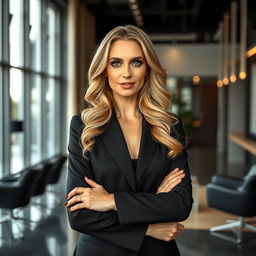 A stunning 40-year-old blonde woman with radiant features, dressed in a chic, tailored black suit that highlights her elegance and poise