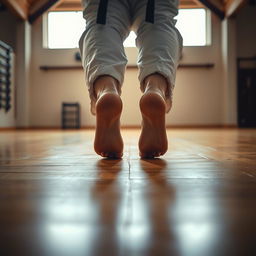 A close-up POV perspective of a woman in a karate gi, focusing on her bare feet as she stands poised in a martial arts stance