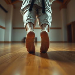 A close-up POV perspective of a woman in a karate gi, focusing on her bare feet as she stands poised in a martial arts stance