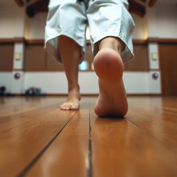 A close-up POV perspective of a woman in a karate gi, focusing on her bare feet as she stands poised in a martial arts stance