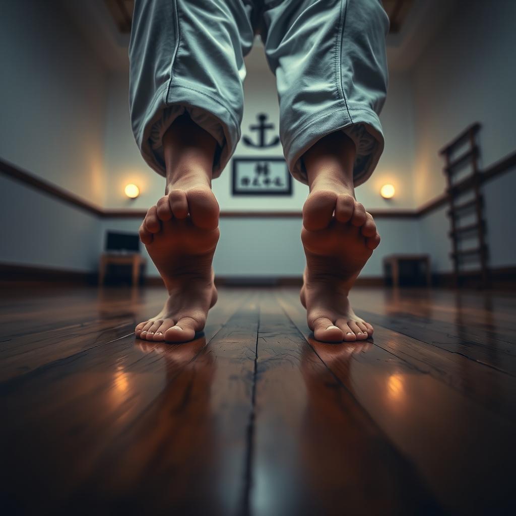 A close-up POV perspective of a woman in a karate gi, focusing on her bare feet as she stands poised in a martial arts stance