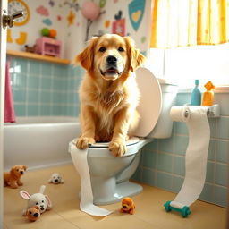 A humorous scene of a dog sitting on a toilet, with a cheeky expression on its face, as it appears to be pooping