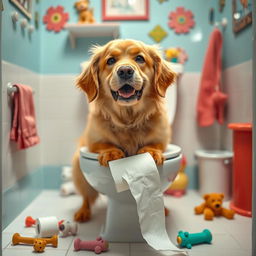 A humorous scene of a dog sitting on a toilet, with a cheeky expression on its face, as it appears to be pooping