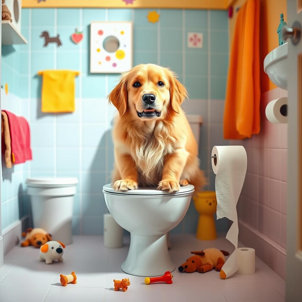 A humorous scene of a dog sitting on a toilet, with a cheeky expression on its face, as it appears to be pooping