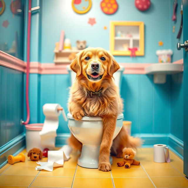 A humorous scene of a dog sitting on a toilet, with a cheeky expression on its face, as it appears to be pooping