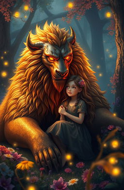 A majestic beast, resembling a mythical creature with fur that shimmers in various shades of gold and bronze, sits close to a beautiful girl