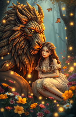 A majestic beast, resembling a mythical creature with fur that shimmers in various shades of gold and bronze, sits close to a beautiful girl