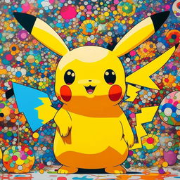 A beautiful Murakami print featuring Pikachu from Pokemon, adorned with vibrant and colorful superflat art elements that exemplify Murakami's unique style.