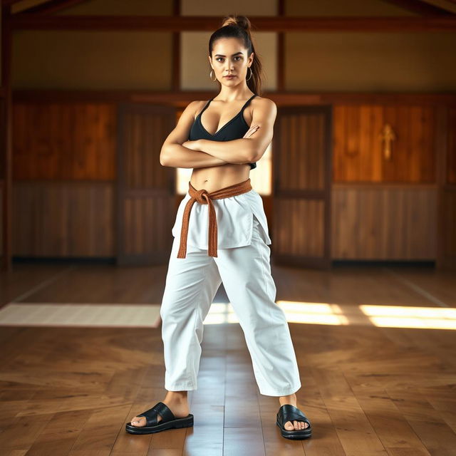 A strong female martial artist standing confidently, showcasing her athletic build and dedication to training