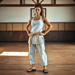 A strong female martial artist standing confidently, showcasing her athletic build and dedication to training