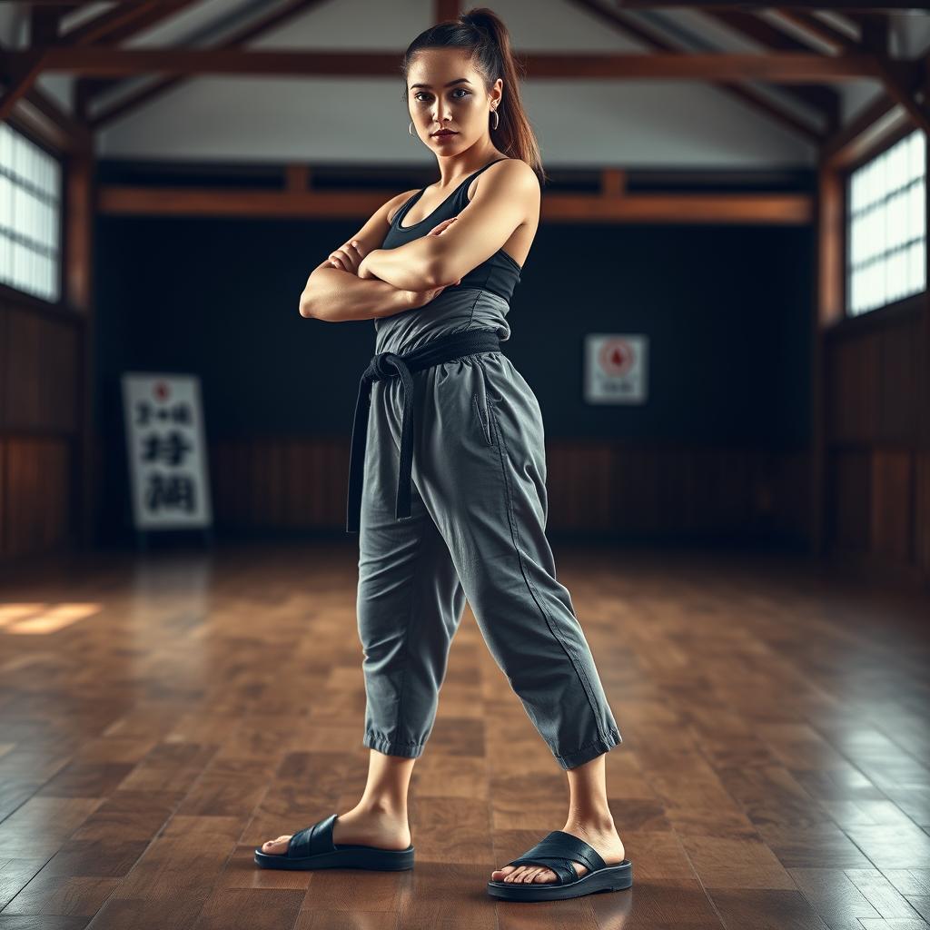 A strong female martial artist standing confidently, showcasing her athletic build and dedication to training