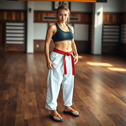 A strong female martial artist standing confidently, showcasing her athletic build and dedication to training