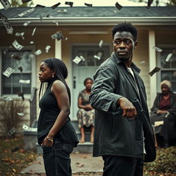 A dramatic scene featuring a black couple standing apart, both looking away from each other, expressing emotional tension