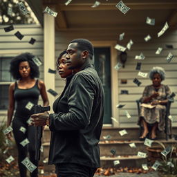 A dramatic scene featuring a black couple standing apart, both looking away from each other, expressing emotional tension