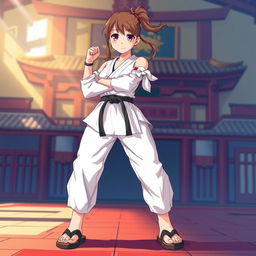 A female anime teen martial artist standing confidently, showcasing her athletic build and dedication to her craft