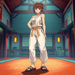 A female anime teen martial artist standing confidently, showcasing her athletic build and dedication to her craft