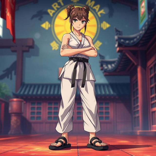 A female anime teen martial artist standing confidently, showcasing her athletic build and dedication to her craft