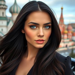 A striking Russian brunette beauty with long, flowing dark hair, stunning facial features, and captivating green eyes that sparkle with allure