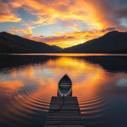 A serene landscape showcasing a tranquil lake reflecting the golden hues of a sunset, surrounded by lush green forests and rugged mountains in the background