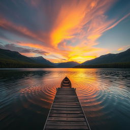 A serene landscape showcasing a tranquil lake reflecting the golden hues of a sunset, surrounded by lush green forests and rugged mountains in the background