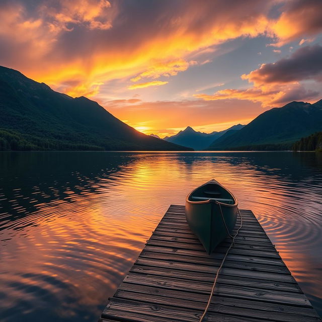 A serene landscape showcasing a tranquil lake reflecting the golden hues of a sunset, surrounded by lush green forests and rugged mountains in the background