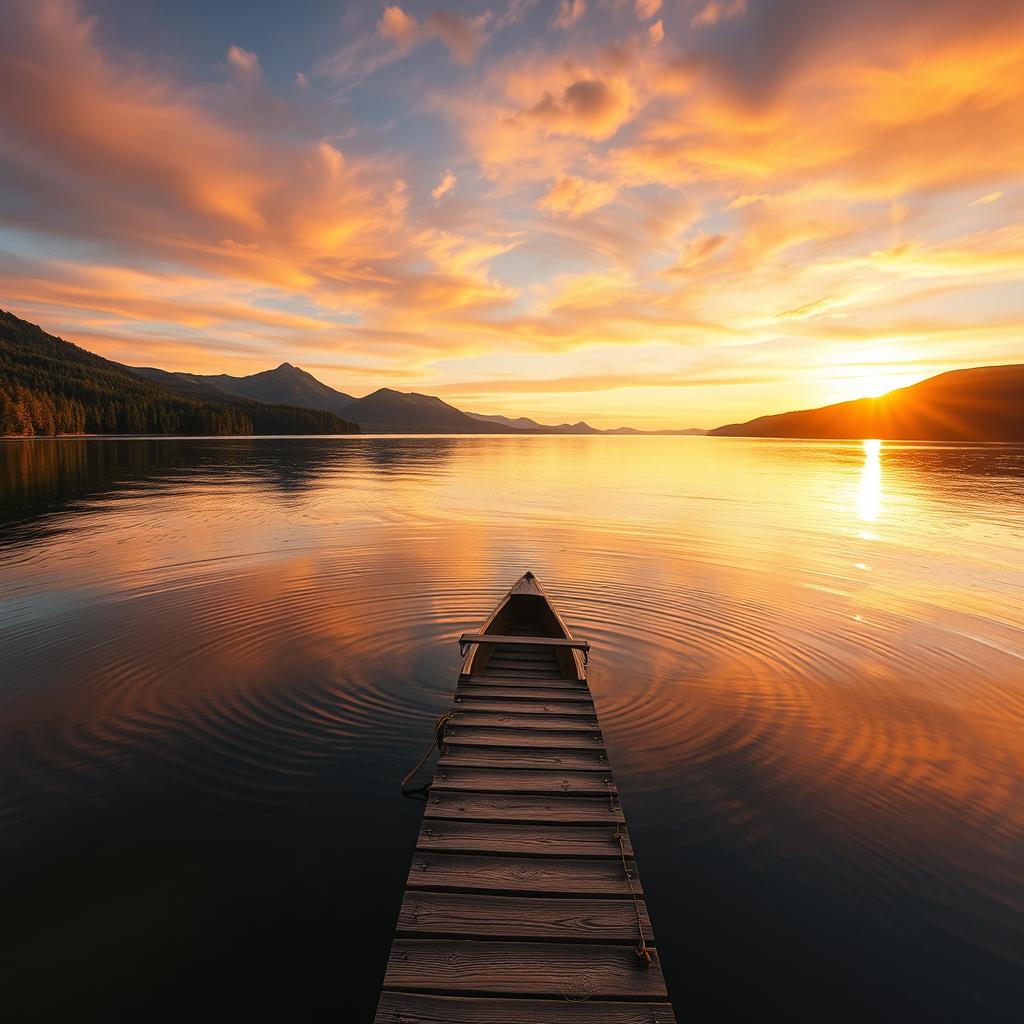 A serene landscape showcasing a tranquil lake reflecting the golden hues of a sunset, surrounded by lush green forests and rugged mountains in the background