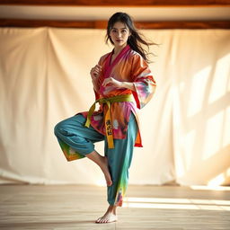 A barefoot female martial artist exuding a captivating presence, dressed in a vibrant and stylized gi that features an array of colors reflecting her unique personality and the artistry of her discipline