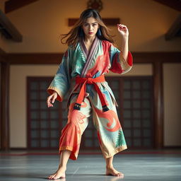 A barefoot female martial artist exuding a captivating presence, dressed in a vibrant and stylized gi that features an array of colors reflecting her unique personality and the artistry of her discipline