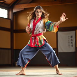 A barefoot female martial artist exuding a captivating presence, dressed in a vibrant and stylized gi that features an array of colors reflecting her unique personality and the artistry of her discipline