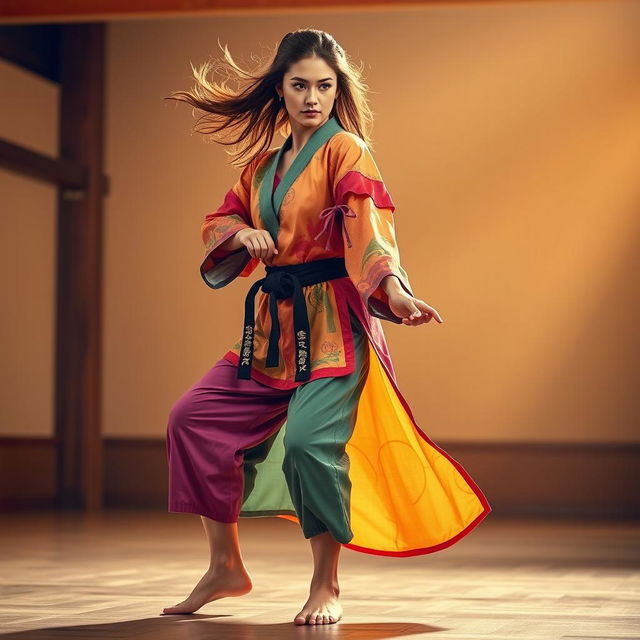 A barefoot female martial artist exuding a captivating presence, dressed in a vibrant and stylized gi that features an array of colors reflecting her unique personality and the artistry of her discipline